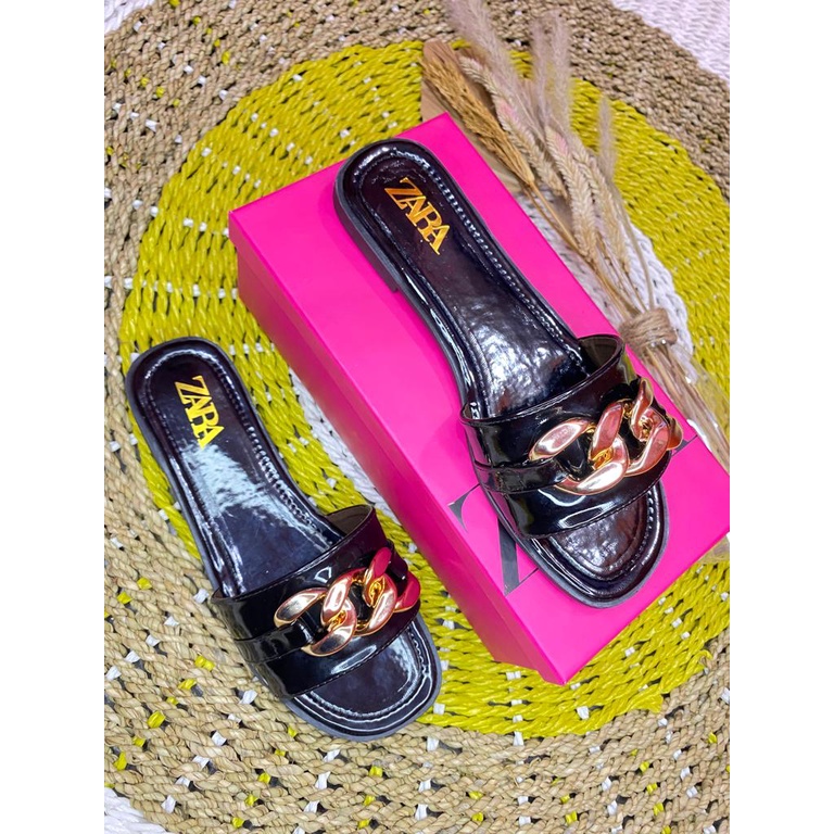 Sandal Flat Wanita Chain With Box Tebal / Sandal zara teplek original wanita / Sandal Flat EMERALD /