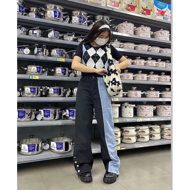 JEANS LOOSE HIGHWAIST TWO TONE /KULOT JEANS PANJANG TWO TONE HW LOOSE TERBARU /JEANS CULLOTE 2 WARNA