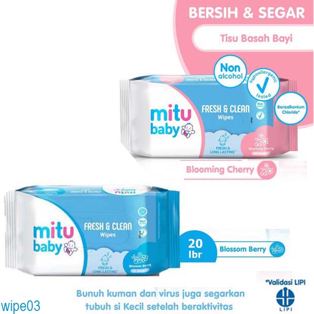 Mitu Baby Wipes isi 20 Sheets Pink Chamomile Biru Non Alcohol