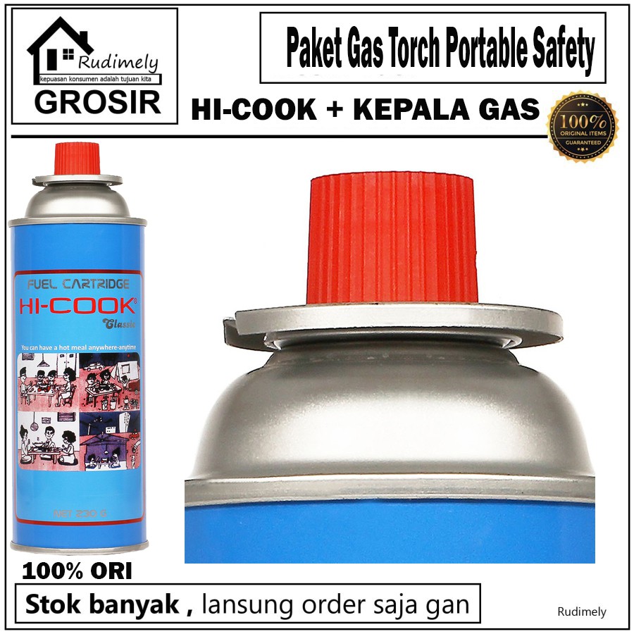 Paket Gas Torch Portable Safety/Pematik Gas Kompor/Api Blow Torch/Flame Gun+ Gas Hi Cook 230 gr