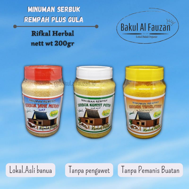 

Minuman Rempah Herbal Plus Gula | 200gr | Jahe Merah, Kunyit Putih & Temulawak | Homemade Asli Banua | Rifkal Herbal | Banjarmasin