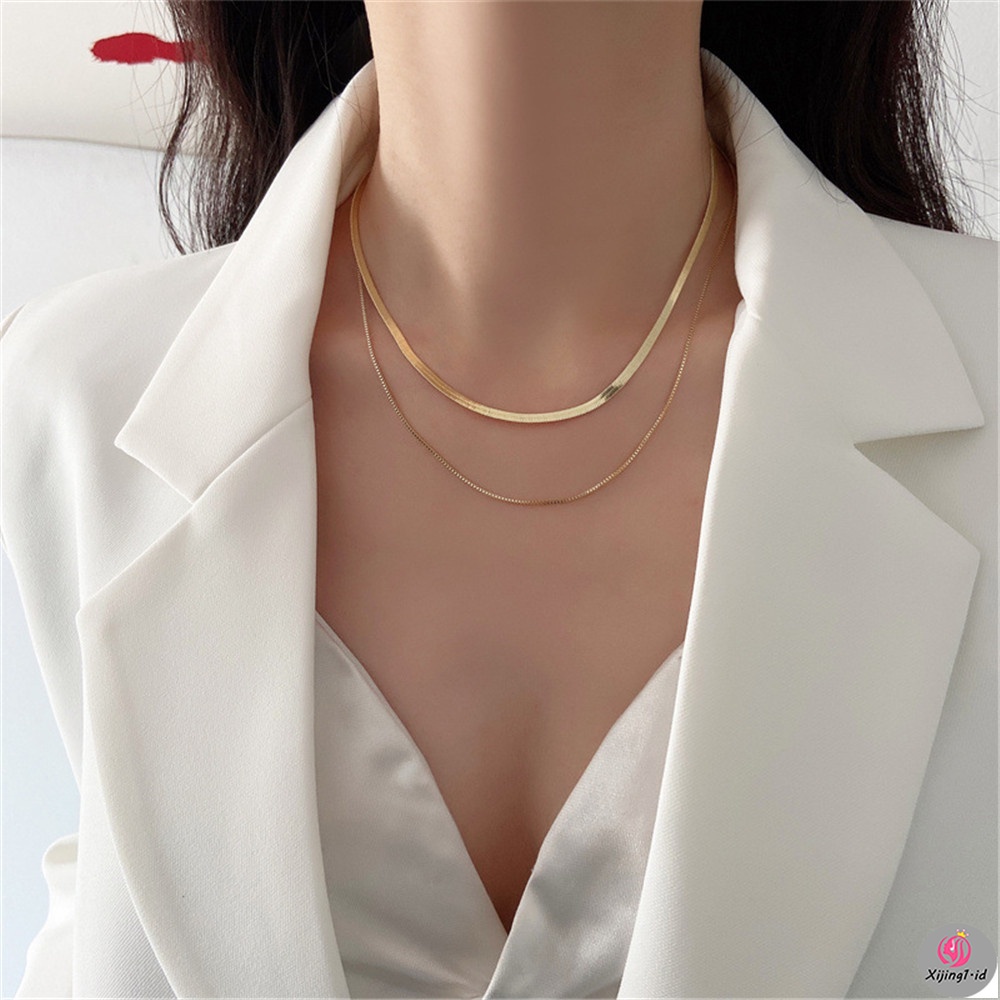 [XIJING] Premium Sense Golden Double Layer Snake Bone Necklace Sederhana Rantai Klavikula Halus