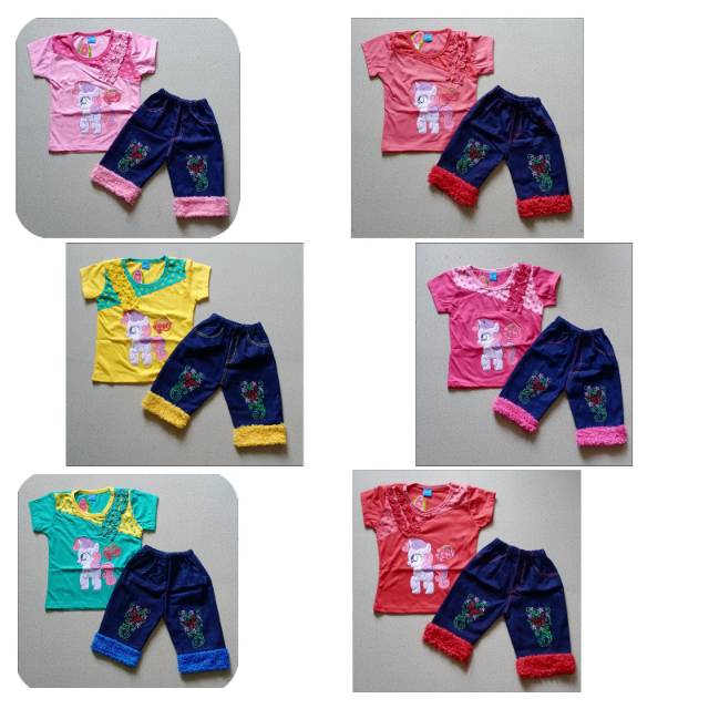 Setelan baju & celana levis bulu motif bordir anak perempuan umur 2-3 tahun