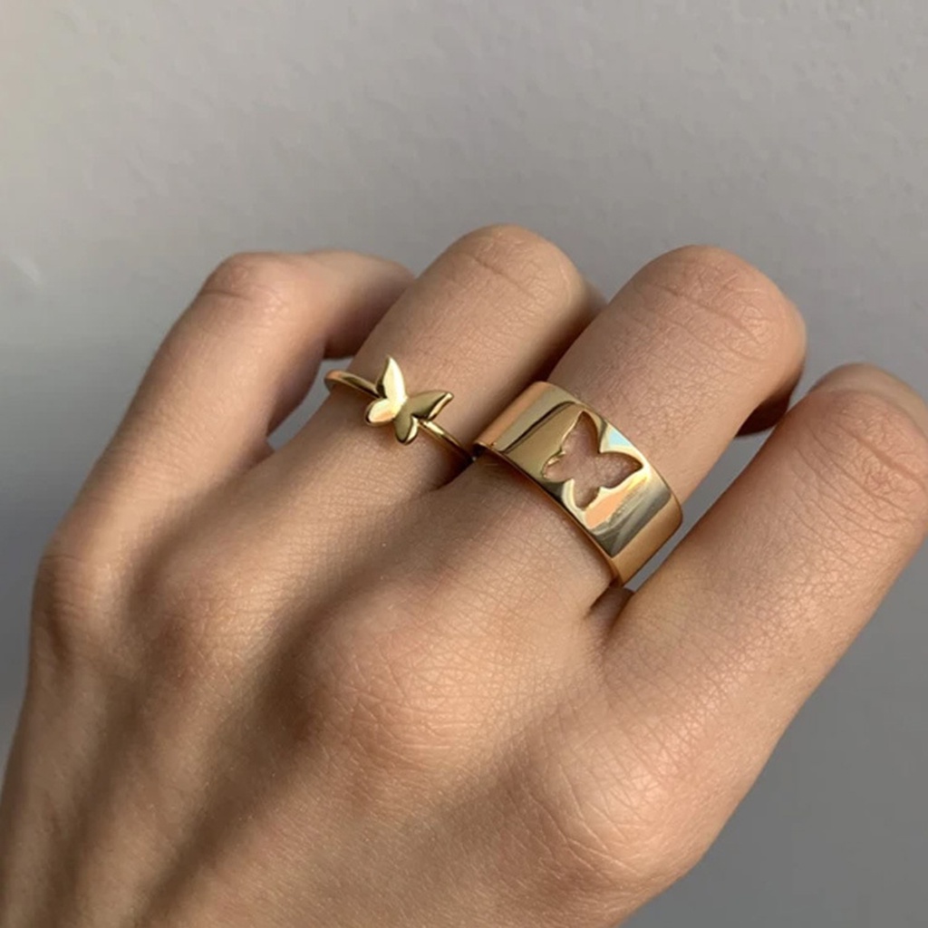 2pcs / Set Cincin Pasangan Model Butterfly Terbuka Bahan Alloy Untuk Anniversary