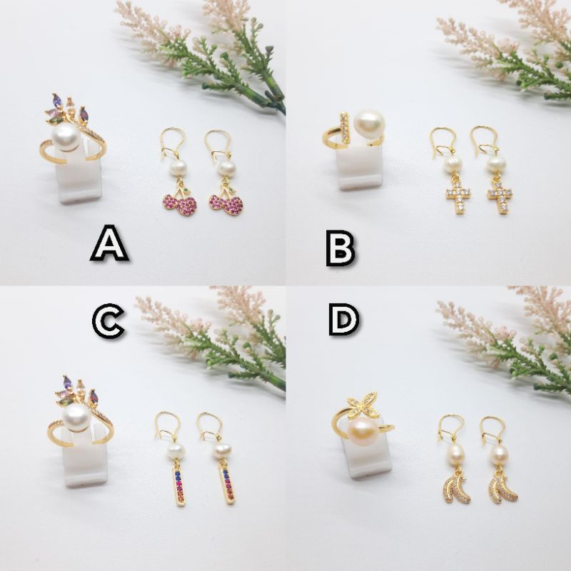 BERSERTIFIKAT SET ANTING CINCIN MUTIARA ALAMI ASLI AIR TAWAR LOMBOK CINCIN FLEKSIBEL ANTING PANJANG