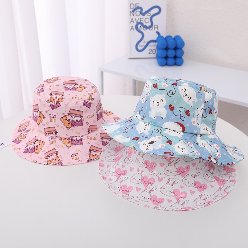 3 4 5 tahun Topi Bucket Anak Import Unisex Motif Pastel Tali Serut dan Tali Dagu