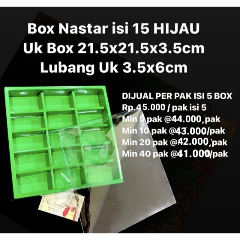 

Box Nastar Isi 15 HIJAU Lubang Uk 3.5x6cm DIJUAL PER PAK ISI 5 BOX