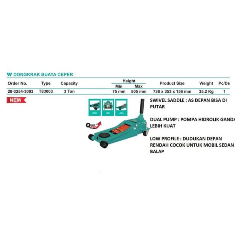 WIPRO 3 ton Dongkrak Buaya Low Profile - Hidrolik Jack - Heavy Duty