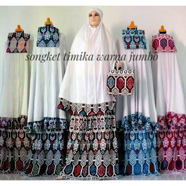 Mukena Bali Putih Mix Motif Songket Timika Warna Rempel Jumbo
