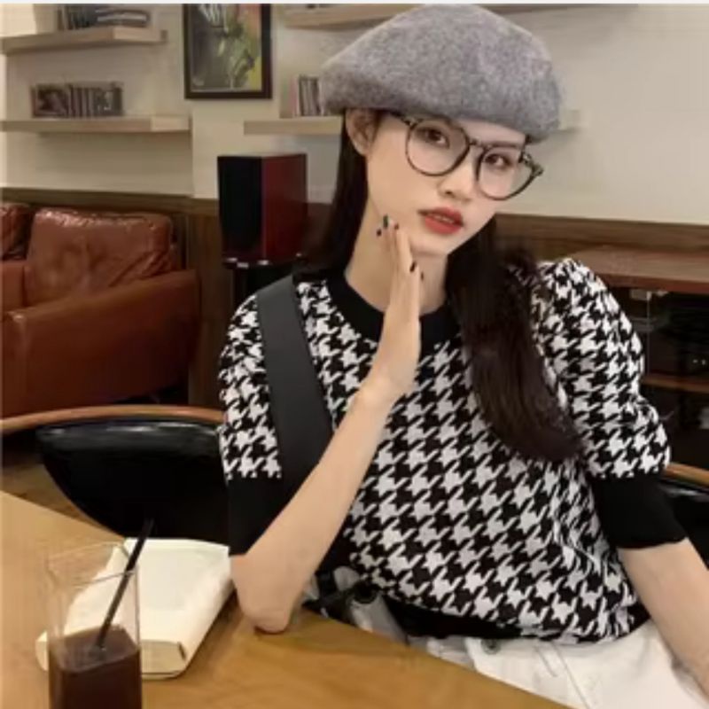 MDLV ~ 6392# Houndstooth Knit Cropped Top Atasan Rajut Motif Houndstooth Fashion Import