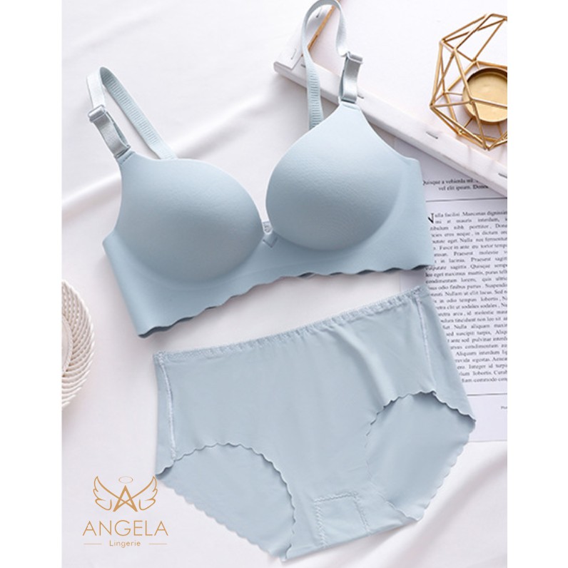 [ COD ] ANGELA Premium JAPAN Quality Seamless Sport Push Up Bra Set Celana Dalam Wanita Tanpa Kawat-Blue