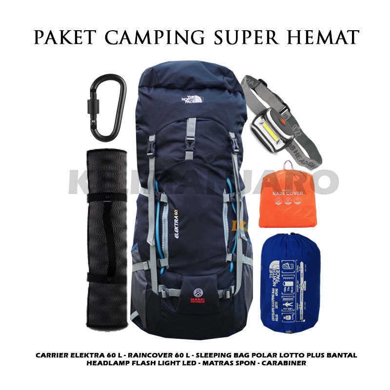 PAKET CAMPING SUPER HEMAT - TAS GUNUNG 60L - CARRIER 60 L + SB MATRAS + HEADLAMP