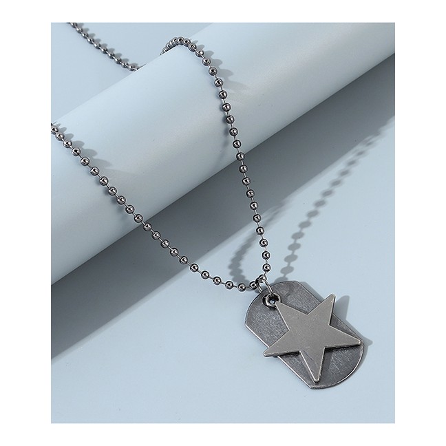 LRC Kalung Fashion Silver Pentagram Geometric Bead Chain Mens Necklace Y64696