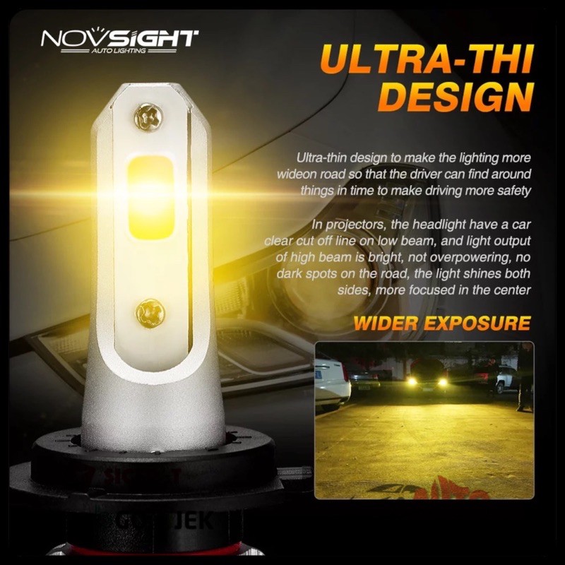 NOVSIGHT N21Y Lampu LED Mobil Kuning 3000K H1 H3 H8 H11 H16 HB3 HB4 Super Terang