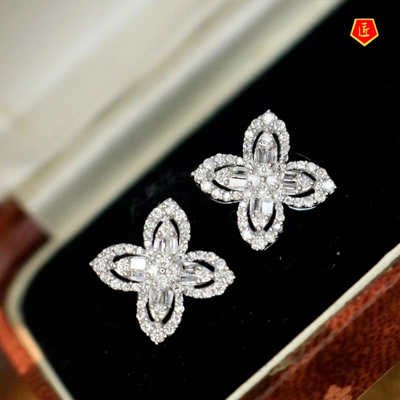 [Ready Stock]Female Niche Diamond Clover Ear Stud Necklace Ring Set