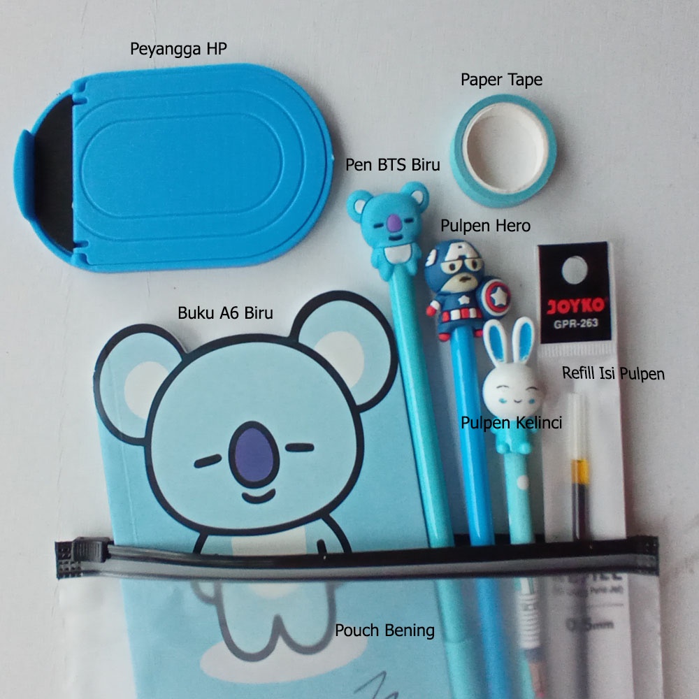 

PAKET ALAT TULIS / ALAT TULIS SET KPOP / STATIONERY SET / BUKU A6 BTS KOYA PULPEN GEL KARAKTER BTS21