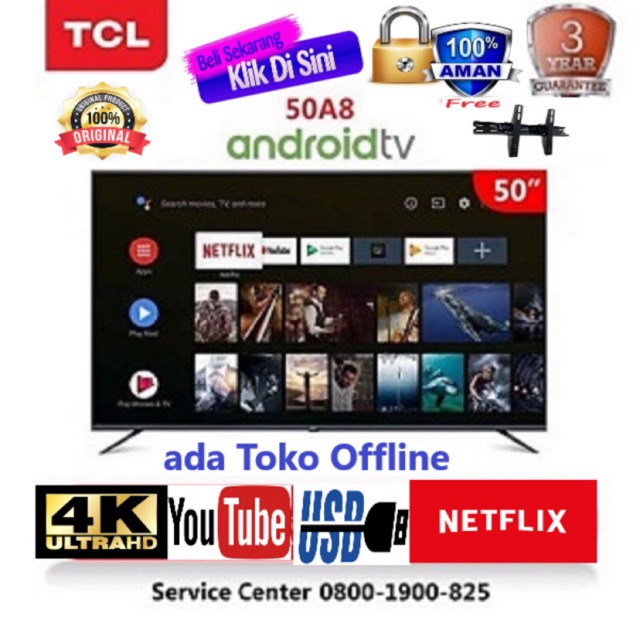 TCL LED TV 50 inch 50A8 SMART ANDROID 4K UHD FREE BREKET NETFLIX YOUTUBE - RESMI