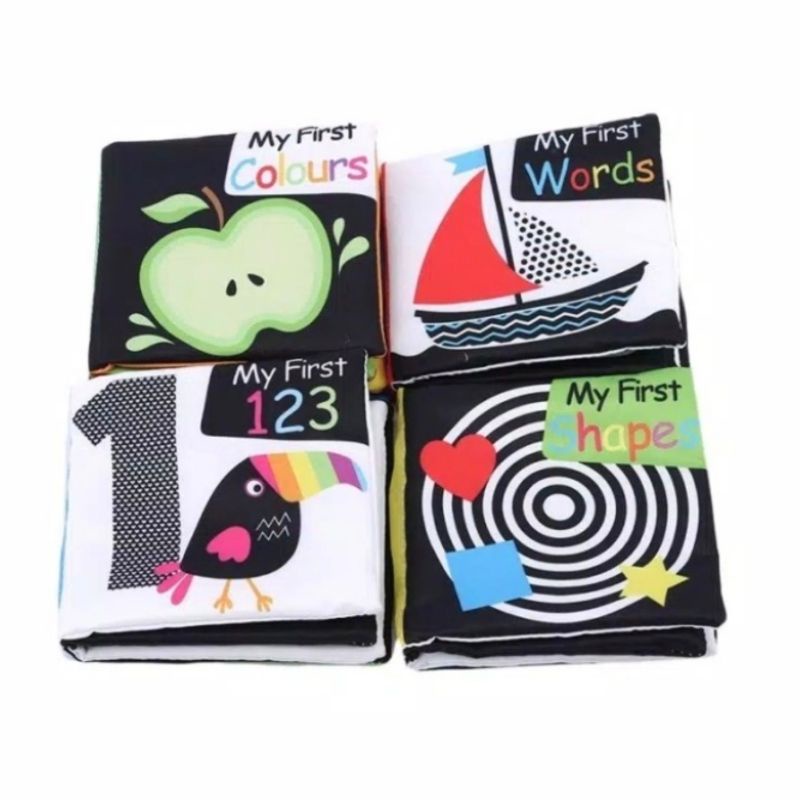 Mainan Edukasi Buku Kain Bayi Hitam Putih Warna Kontras Soft Cloth Book Baby First Soft Activity Cloth Book, High Contrast Black White Interactive Crinkle Softbook Infant, Baby Early Education Brain Development Soft Book High Contras Book Newborn Lembut