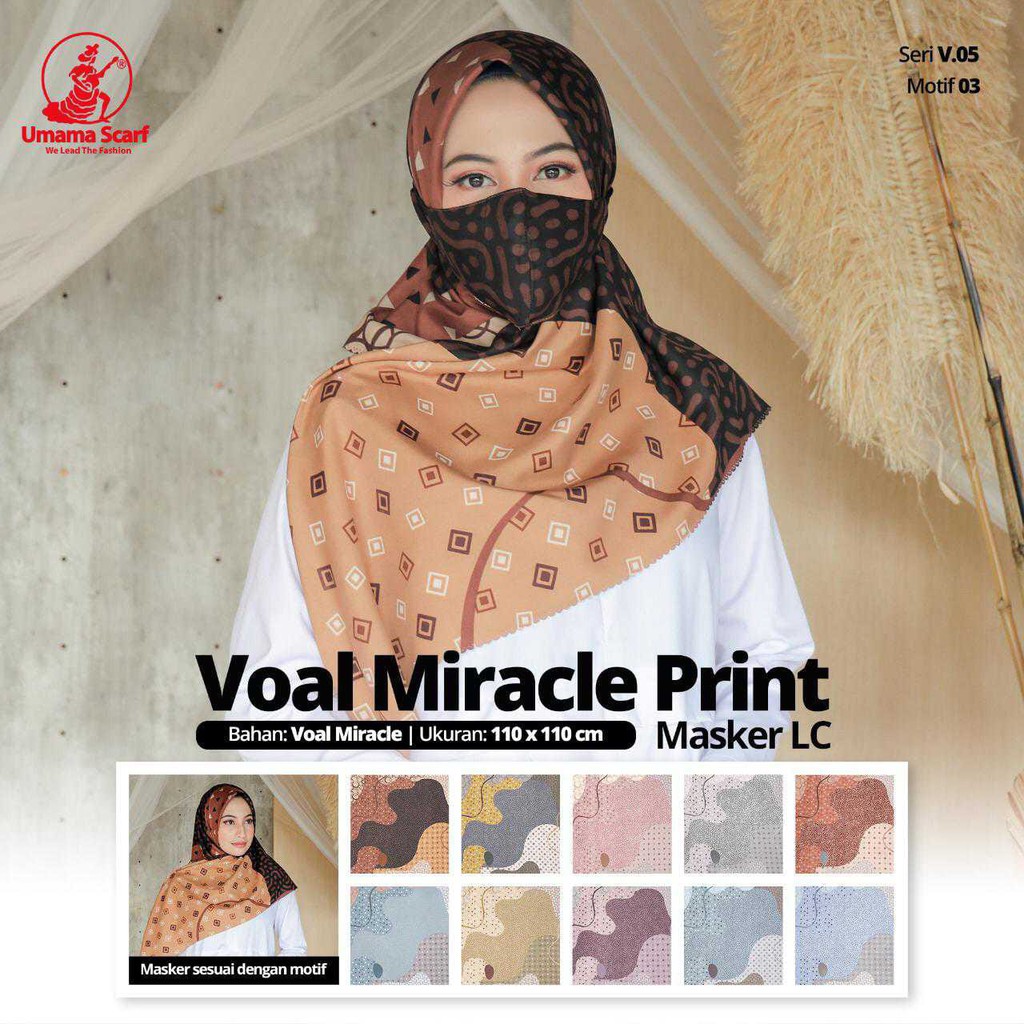 Jilbab Voal Miracle Plain Print Motif + Masker Pilih Motif