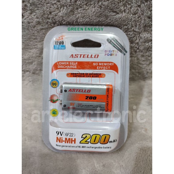 Baterai Battery 9V Rechargeable 200mAh Astello