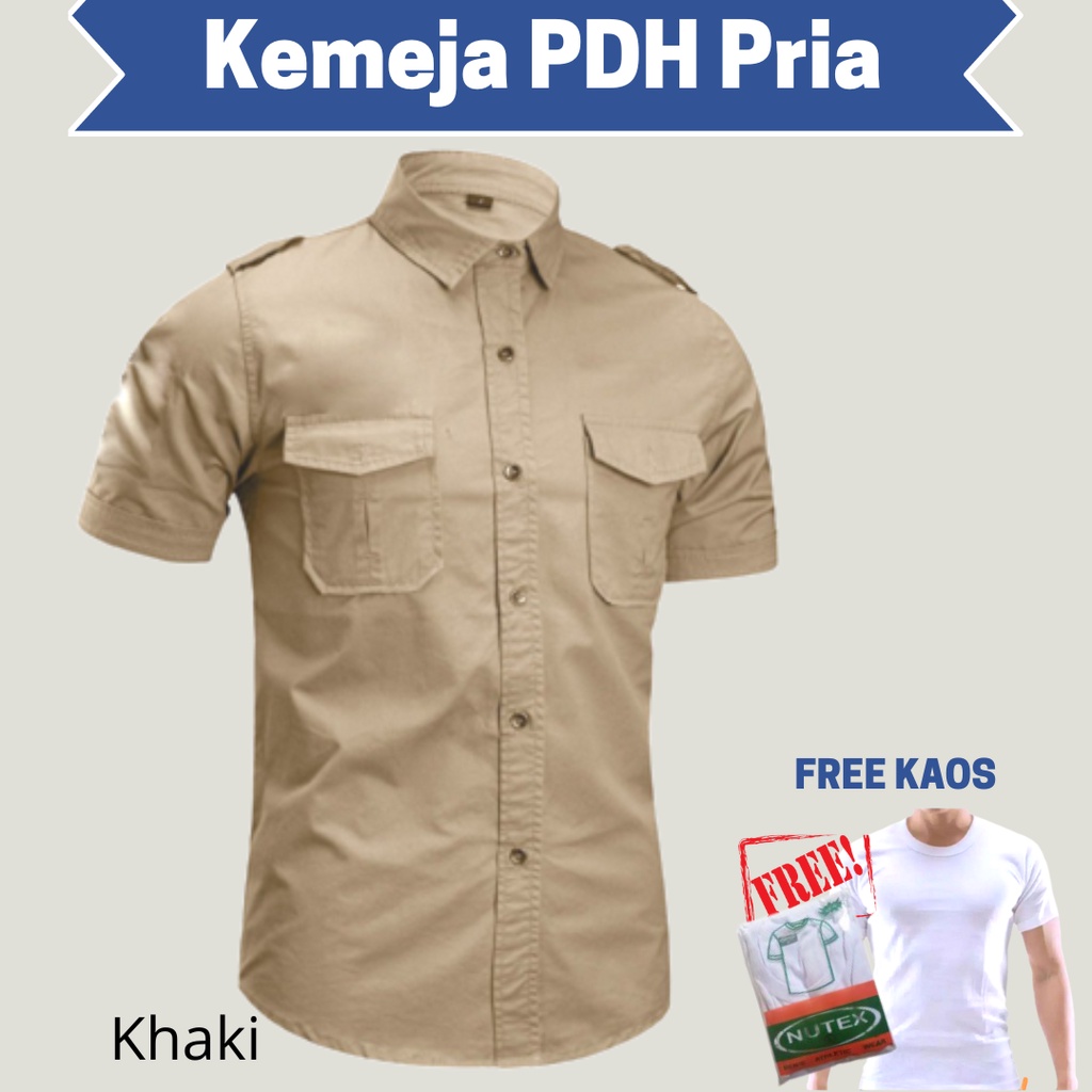 FREE KAOS OBLONG - Baju Kemeja PDH Khaki Coklat Krem Polos Pria Lengan Pendek - Baju KErja PRIa Lapa