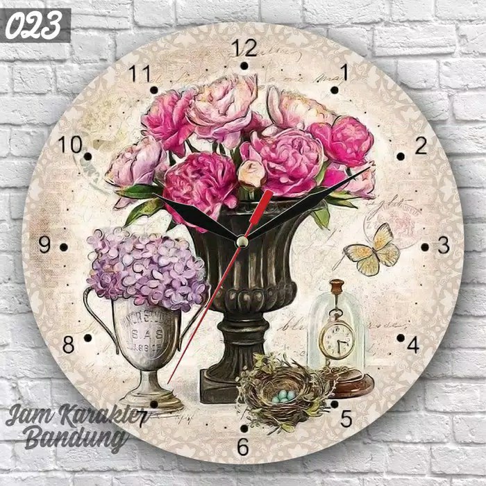 023 Jam Dinding Kayu Unik Motif Pas Bunga