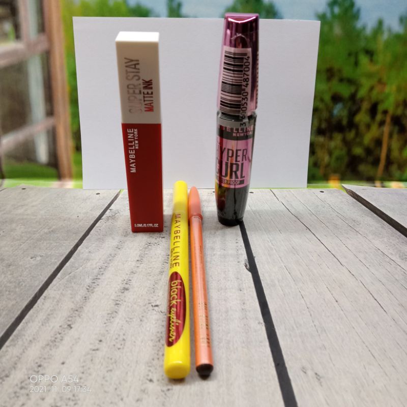 [4in1] Maskara+Eyeliner+Lipgloss+Pensil Alis // Paket Make Up Maybelline