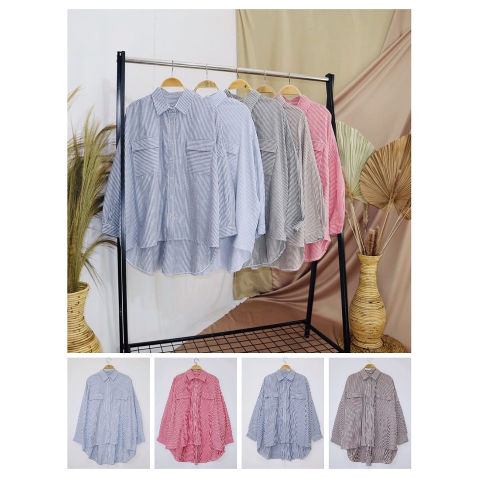 HUM - ZEC  OOTD Wanita Oversize Double Kantong / Kemeja Oversize Pocket / Kemeja Wanita Salur / Hem 