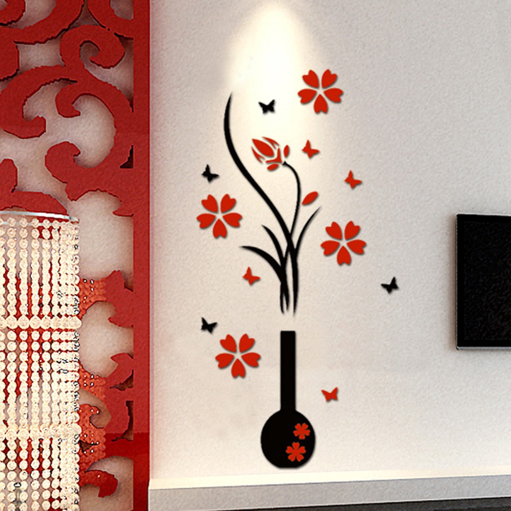 T1 Stiker Dinding: Akrilik Pohon Plum Vas Bunga Seni 3D K6