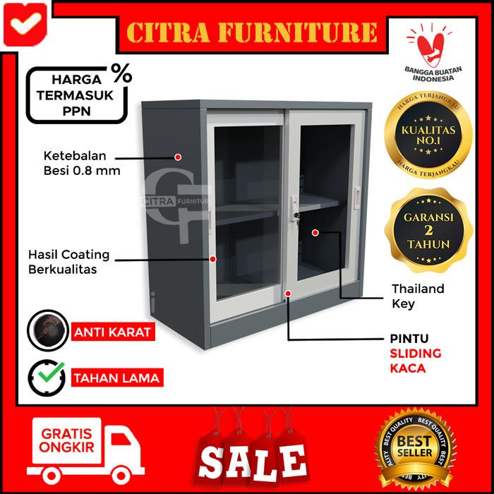 Cabinet / Lemari Arsip Besi 2 Pintu Sliding Kaca Pendek|Lemari Sleding Kantor