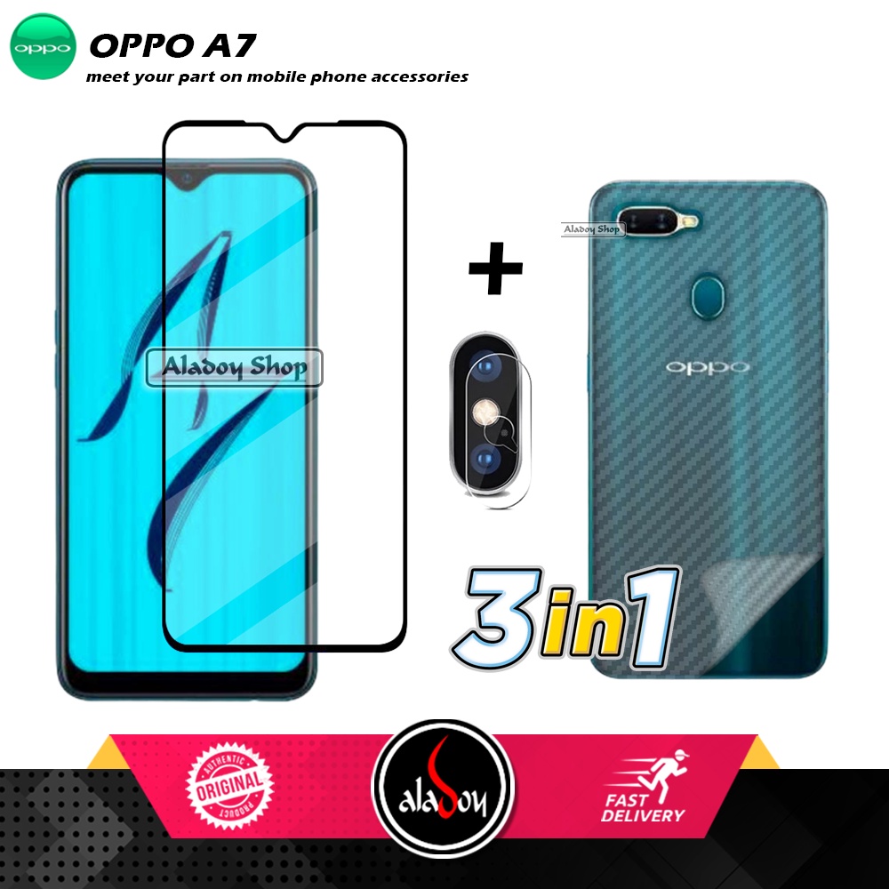 PAKET 3 IN 1 Tempered Glass Layar Oppo A7 Free Tempered Glass Camera dan skin Carbon