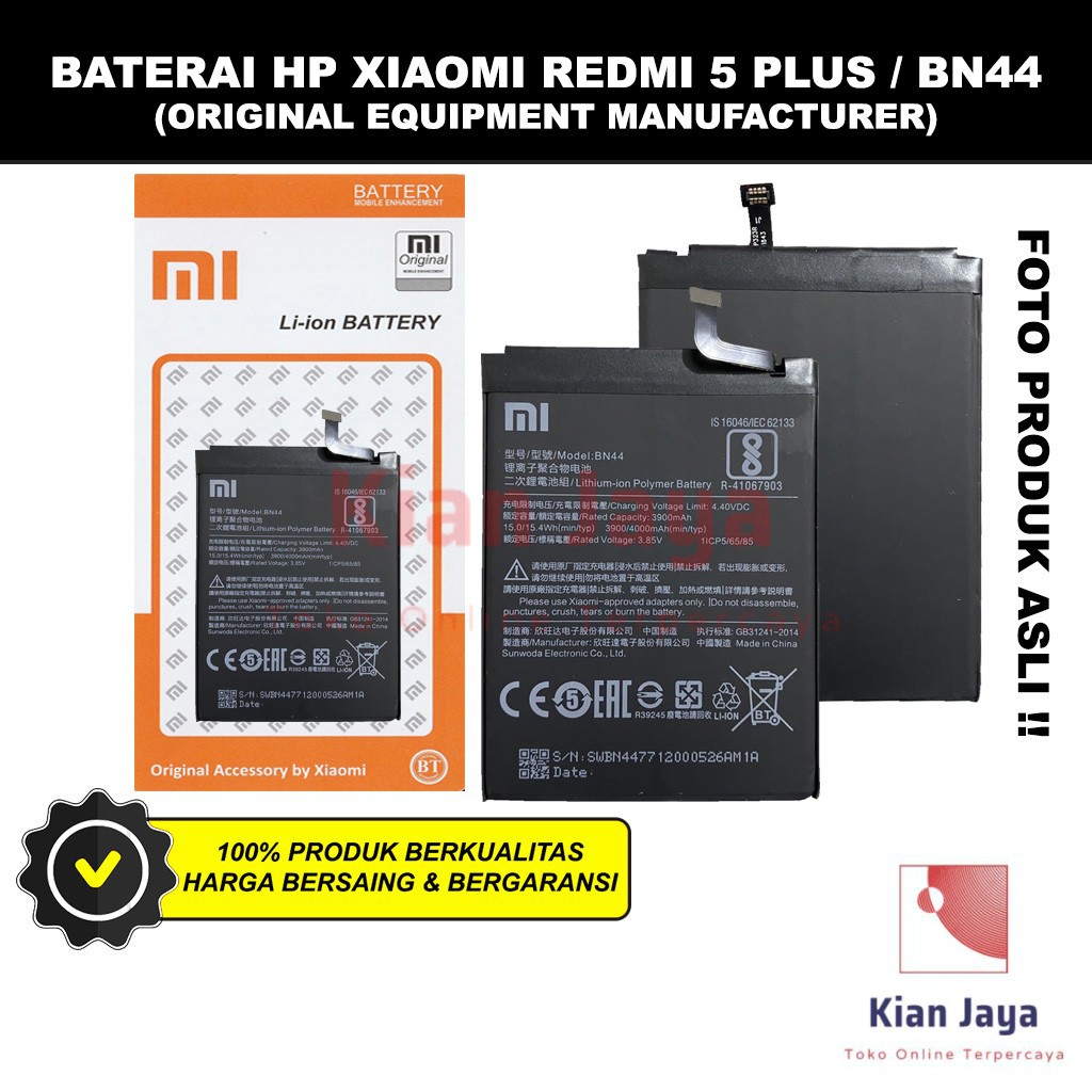 Baterai Xiaomi Redmi 5 Plus BN44 Original OEM Batre Batrai Battery HP Xiao Mi BN 44 Ori