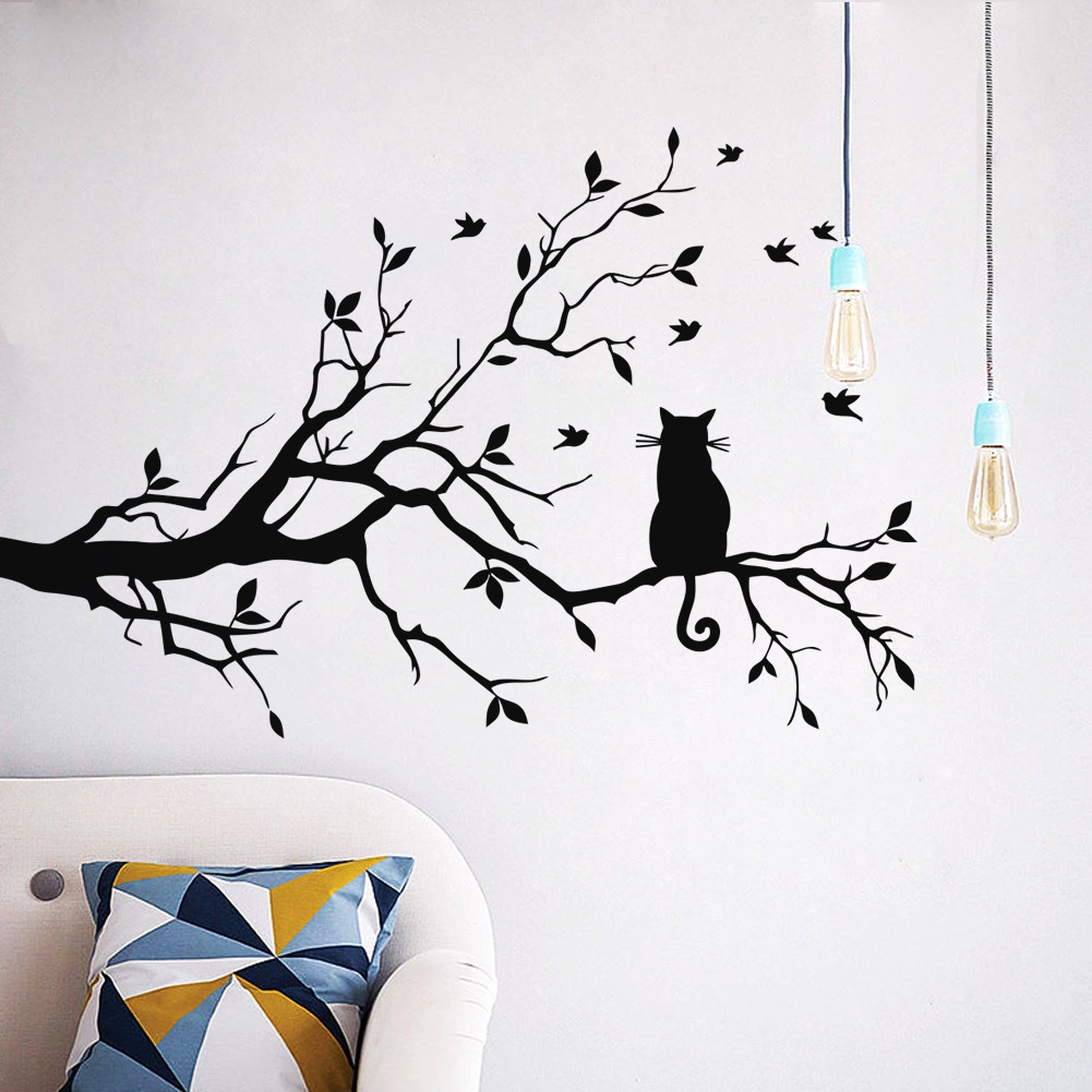 Stiker Dinding Decal Desain Cat on A Tree Branch Untuk Ruang Tamu / Kamar Tidur