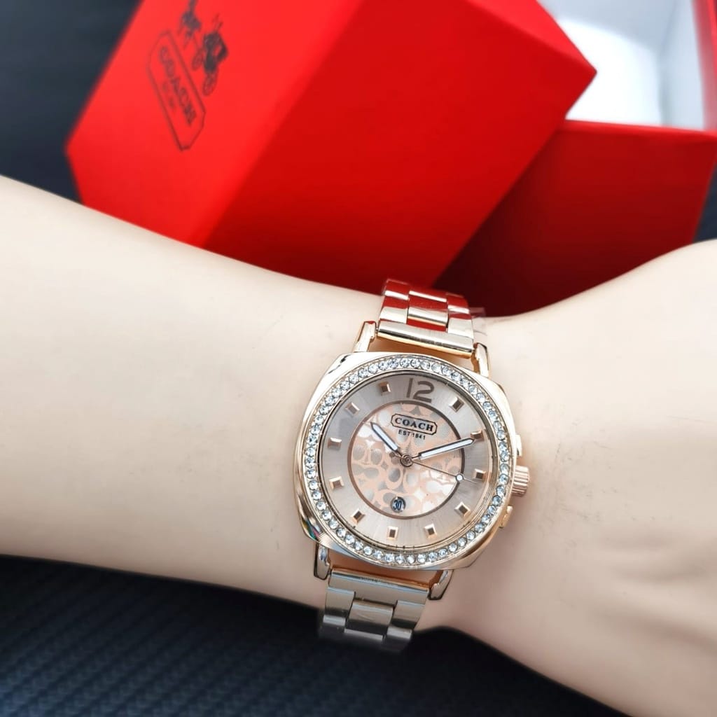 BEST SELLER JAM TANGAN WANITA COACH RANTAI STAINLESS TANGGAL AKTIF DIAMETER 3,2 CM || JAM TANGAN MURAH CEWEK FASHION