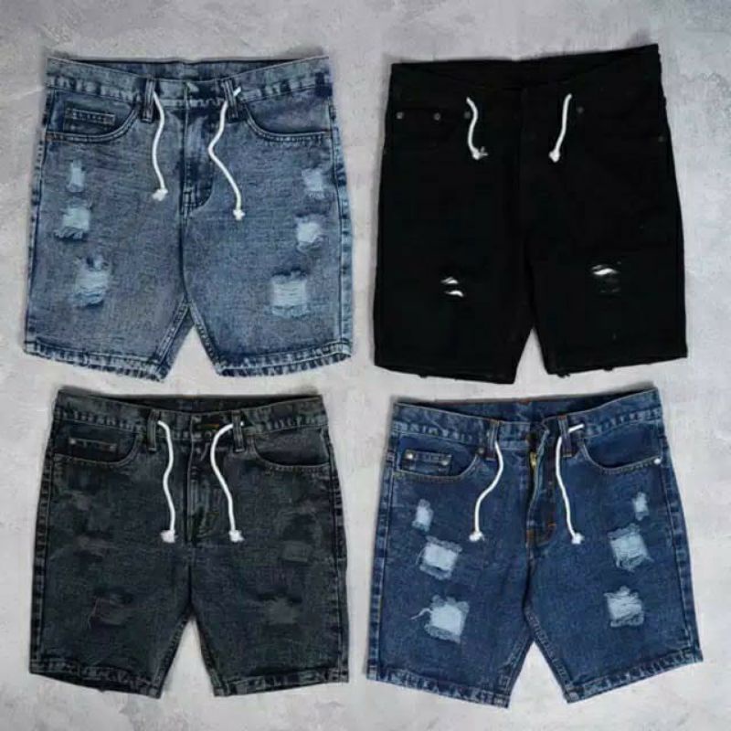 Celana Pendek Pria Ripped Jeans Navy Hitam Original Branded Sobek Robek