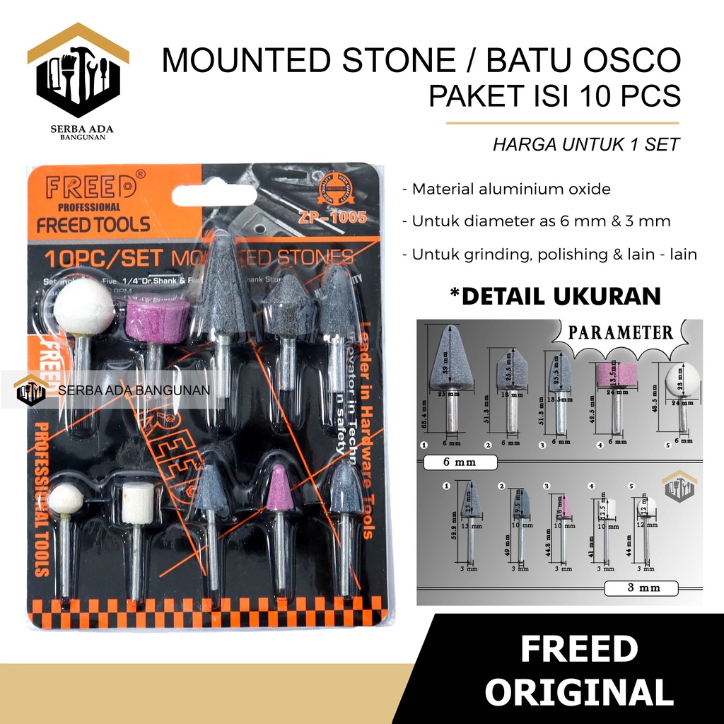 BATU OSCO MATA GERINDA SET BOR / MOUNTED STONE ISI 5 BUAH FREED ORIGINAL ZP1008 BATU BABY