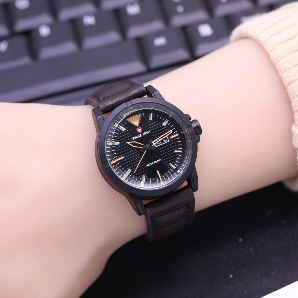 Jam Tangan Fashion Pria L3654S Tali Kulit Tanggal Hari Aktif Free Box &amp; Baterai