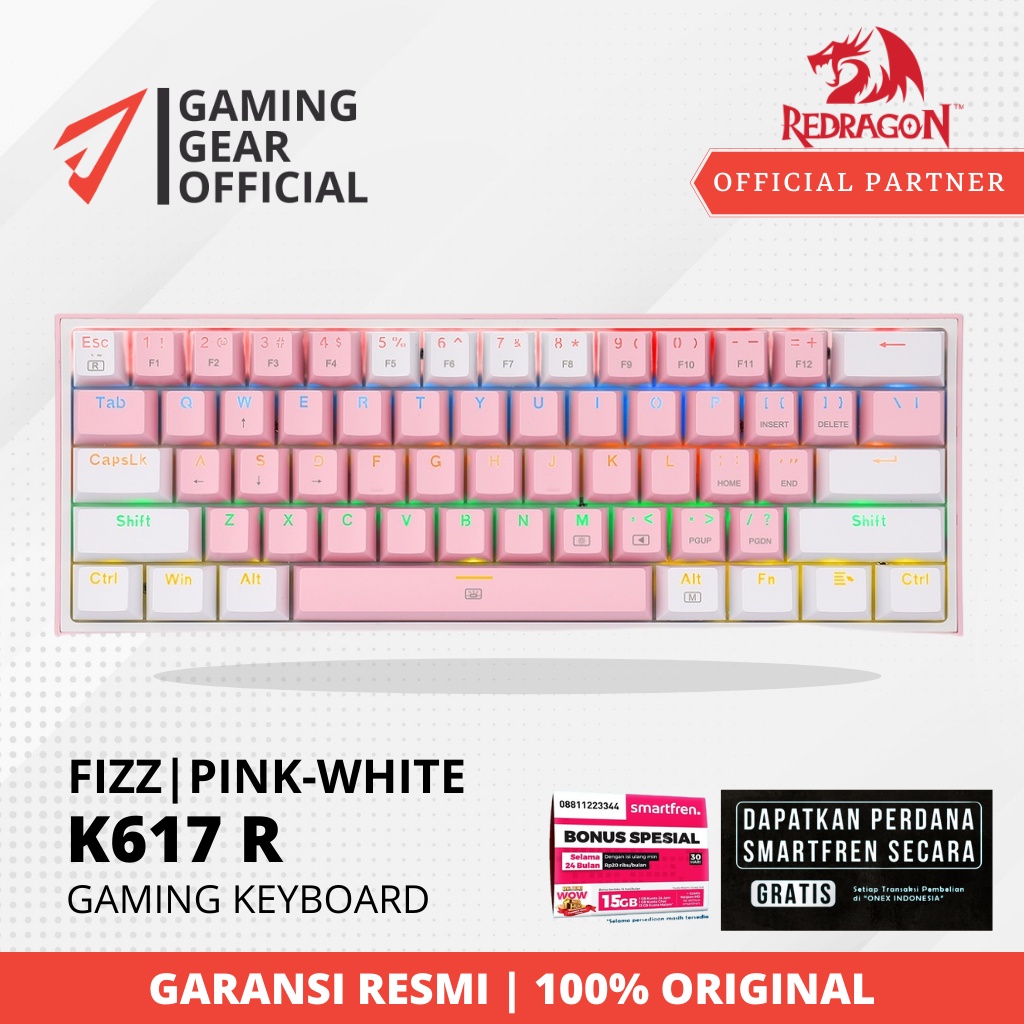 Redragon Mechanical Gaming Keyboard 60% PINK WHITE RAINBOW FIZZ K617 R