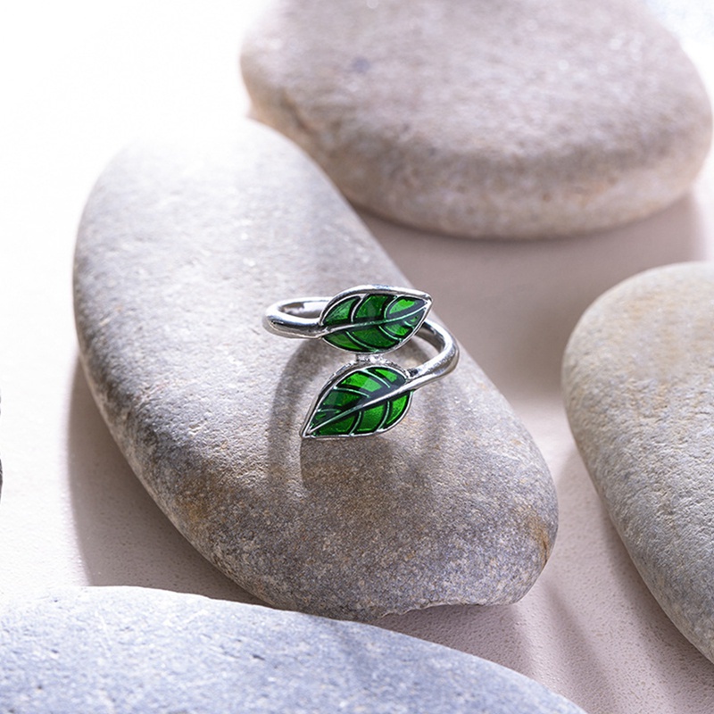 Fancyqube Cincin Model Terbuka Desain Daun Hijau Gaya Korea Untuk Wanita