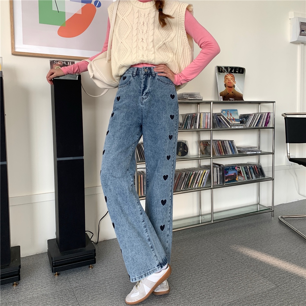 high-waist straight-leg wide-leg jeans celana highwaist wanita /Heart Embroidery Celana Jeans