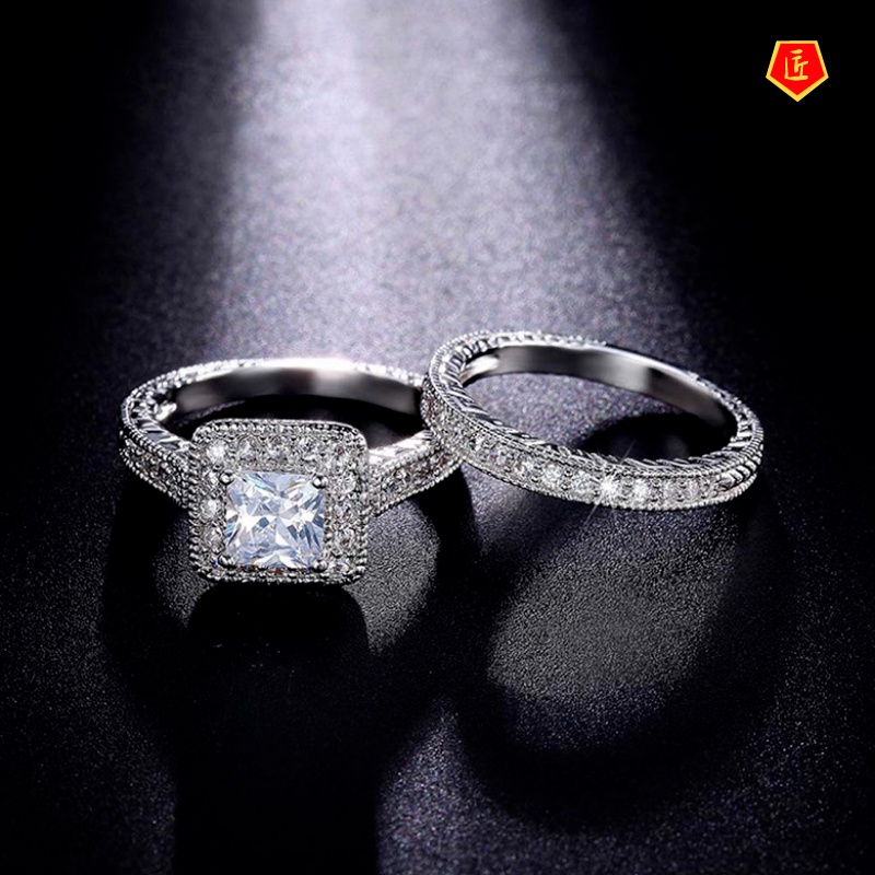 [Ready Stock]Fashion Luxury Couple Square Diamond Ring Set