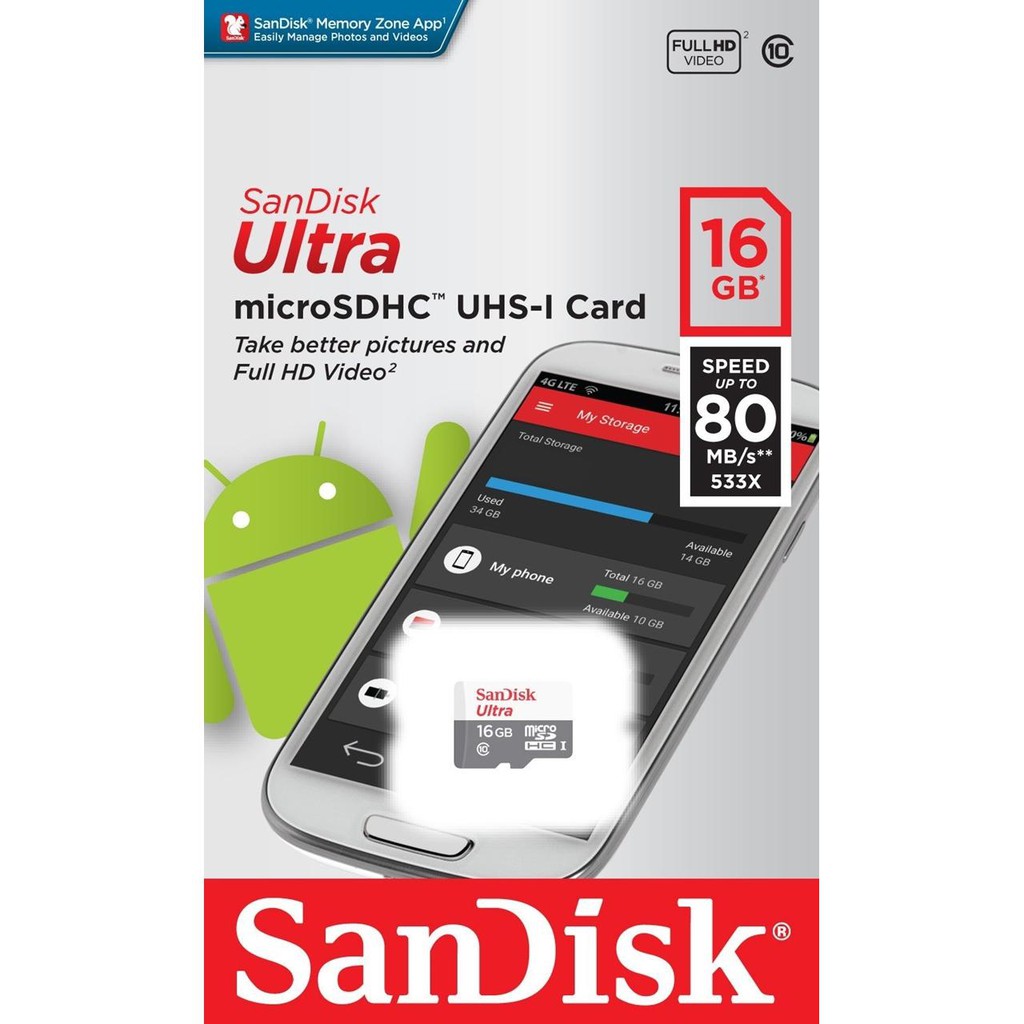SANDISK MICRO SD 16GB CLASS 10 80Mbps MEMORY/MICRO SD