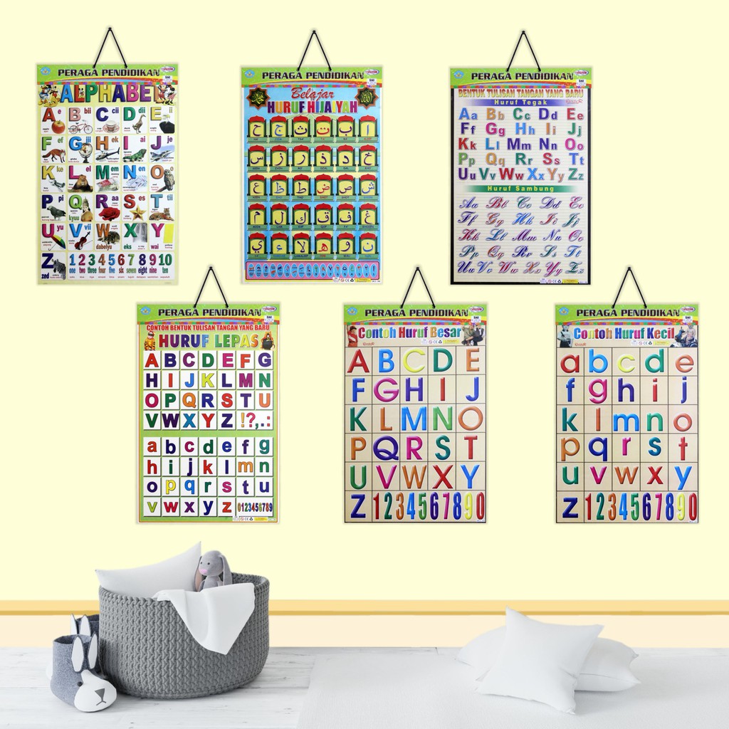 Poster Edukasi Anak / Poster Anak Bingkai : Alphabet / Huruf Hijaiyah / Huruf Tegak / Huruf Lepas / 
