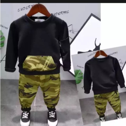 BARU SETELAN BAJU ANAK LAKI LAKI SWEATER ANAK LAKI LAKI ARMY BOY 1-6TAHUN - 1-2.TAHUN, HITAM ARMY Ko