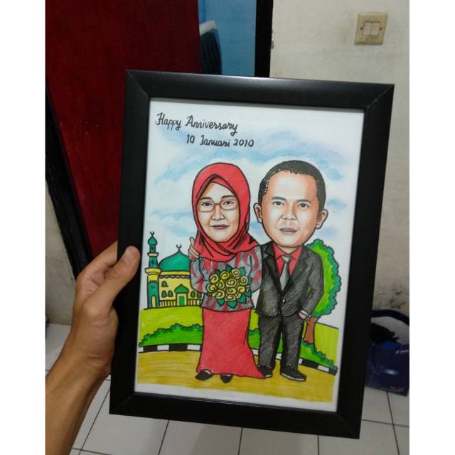 Karikatur kertas A4 2kepala + bingkai. gambar lukisan karkatur paper lukis wajah kado unik