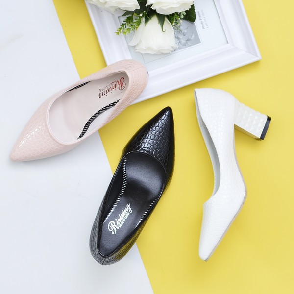 [ MURAH / REAL PIC ] Pantofel Heels Wanita Hak Tahu Kotak HITAM PUTIH PINK - CROCO - SEPATU KERJA