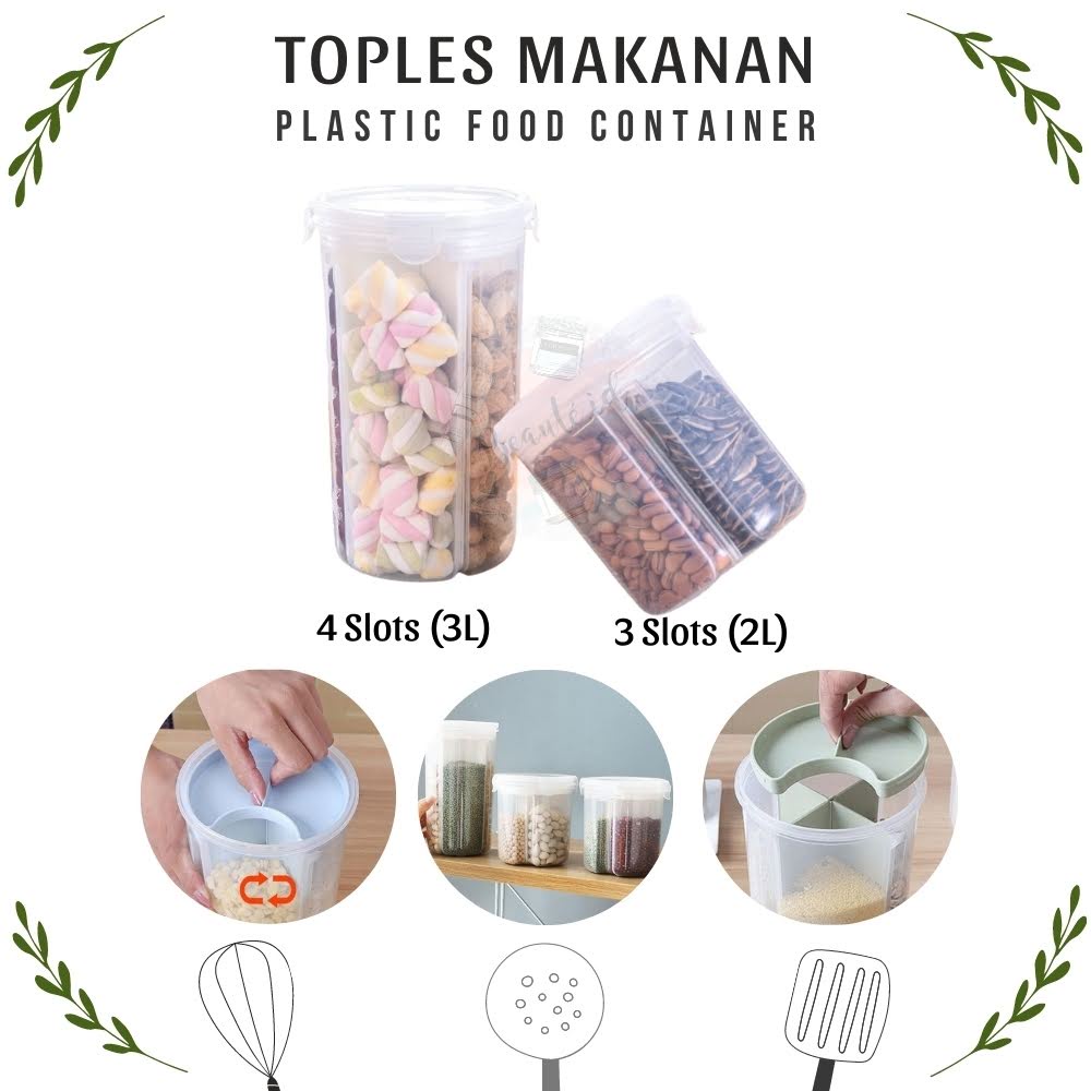 Toples Wadah Penyimpanan Makanan Kotak Kue Kering Snack Kacang Permen Biji Bijian Sereal Storage Jar 3 / 4 Slot