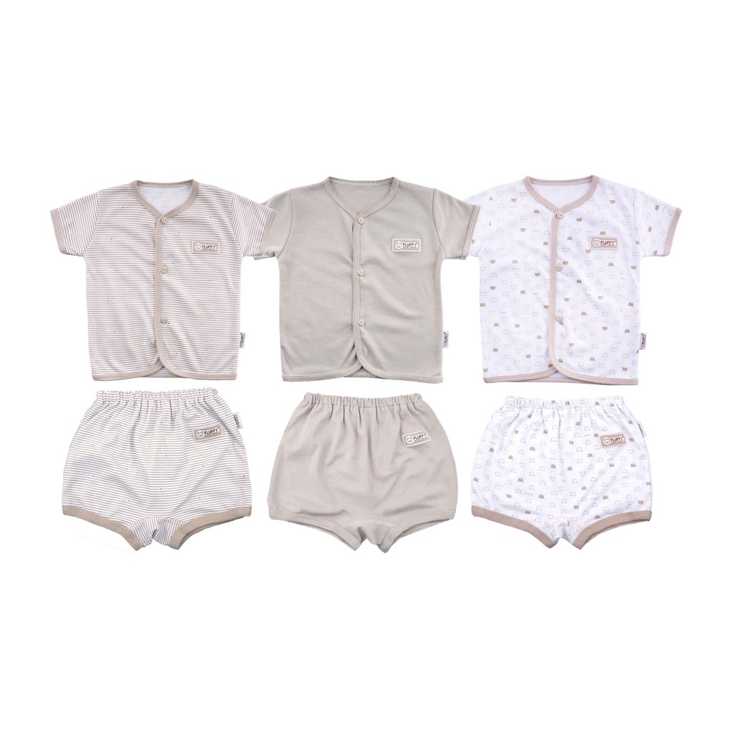 Fluffy Setelan Baju Pendek Celana Pendek Khaki Series - Fluffy Baju Bayi SNI