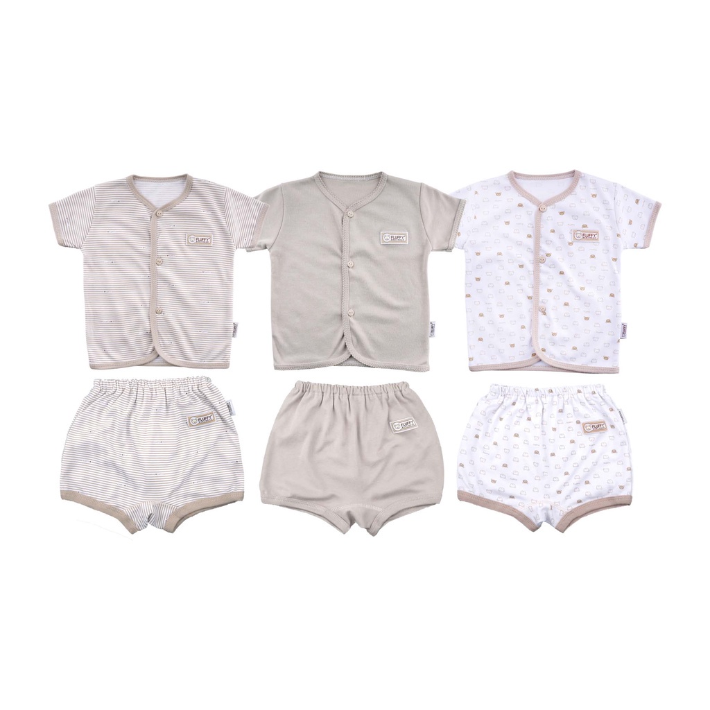 Fluffy Setelan Baju Pendek Celana Pendek Khaki Series - Fluffy Baju Bayi SNI