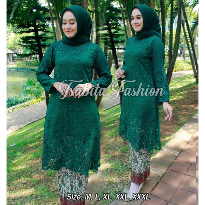 Stelan Kebaya Modern Tunik Brukat Hijau Botol